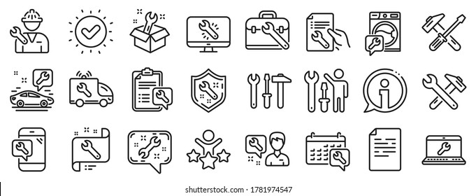 Set of Hammer, Screwdriver and Spanner tool icons. Repair car service line icons. Recovery, Washing machine repair, Car service. Engineer tool, Tech support. Spanner equipment, screwdriver. Vector