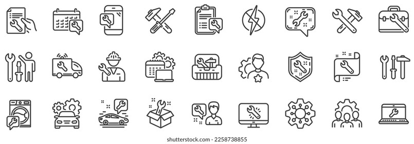 Set of Hammer, Screwdriver and Spanner tool icons. Repair car service line icons. Recovery, Washing machine repair, Car service. Engineer tool, Tech support. Spanner equipment, screwdriver. Vector