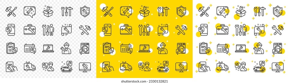 Set of Hammer, Screwdriver and Spanner tool icons. Repair car service line icons. Recovery, Washing machine repair, Car service. Engineer tool, Tech support. Spanner equipment, screwdriver. Vector