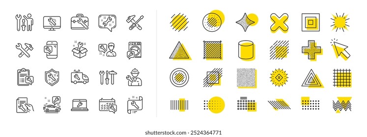 Conjunto de iconos de herramientas de martillo, destornillador y llave inglesa. Diseñar Elementos de forma. Reparar iconos de línea de servicio de coche. Recuperación, Reparación de lavadora, Servicio de coche. Herramienta de ingeniería, Asistencia tecnológica. Vector