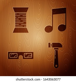 Set Hammer, Sewing thread on spool, 3D cinema glasses and Music note, tone on wooden background. Vector
