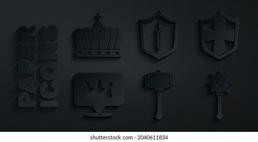 Ponga Hammer, Shield, Location king crown, Medieval chained mace ball, escudo con espada e icono King. Vector
