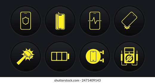 Set Hammer, Shockproof phone, Battery, Phone repair service, Glass screen protector, Multimeter and Mobile with shield icon. Vector