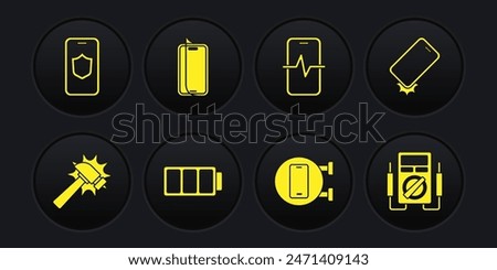 Set Hammer, Shockproof phone, Battery, Phone repair service, Glass screen protector, Multimeter and Mobile with shield icon. Vector