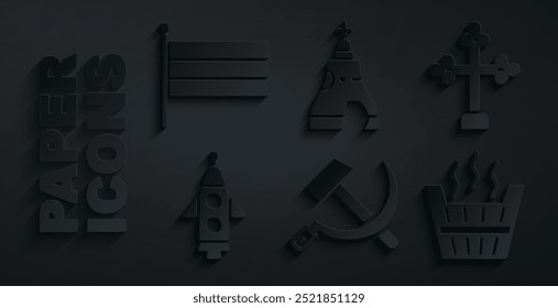 Set Hammer and sickle USSR, Christian cross, Rocket ship, Sauna bucket, The Tsar bell and National Russia flag icon. Vector