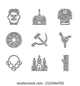 Set Hammer And Sickle USSR, Church Building, Birch Tree, Cockerel Lollipop, Russian Bagels, Snowflake, Kosovorotka And Joseph Stalin Icon. Vector