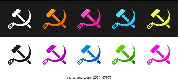 Set Hammer and sickle USSR icon isolated on black and white background. Symbol Soviet Union.  Vector