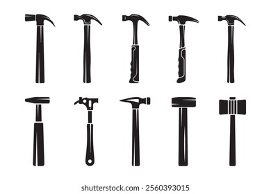 Set of hammer silhouettes, isolated on white background.