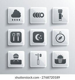 Set Hammer, Sunrise, Compass, Moon and stars, Barbecue grill, Fork spoon, Cloud with rain and Flashlight icon. Vector
