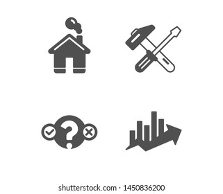 Set of Hammer tool, Quiz test and Home icons. Growth chart sign. Repair screwdriver, Select answer, House building. Sale diagram.  Classic design hammer tool icon. Flat design. Vector