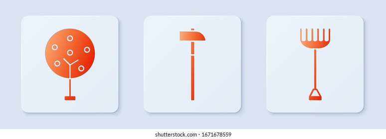 Set Hammer, Tree and Garden rake. White square button. Vector