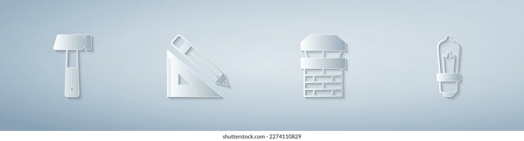 Set Hammer, Triangular ruler and pencil, Chimney and Light bulb. Paper art style. Vector