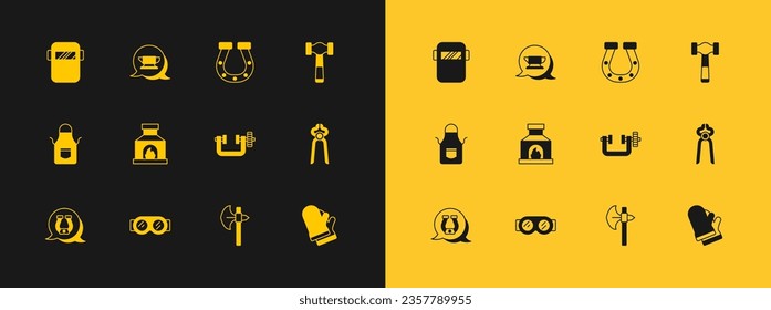 Poner martillo, gafas de soldadura, herramienta de faro y tornillo, hacha medieval, horno herrero, herradura, máscara e ícono de yunque. Vector