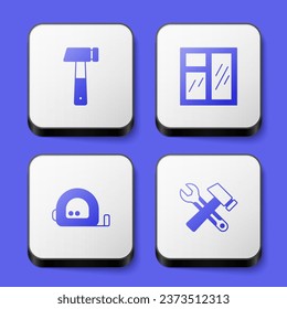 Set Hammer, Window in room, Roulette construction and and wrench spanner icon. White square button. Vector
