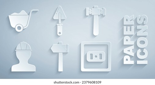 Set Hammer, Worker safety helmet, Electrical outlet, Trowel and Shovel icon. Vector