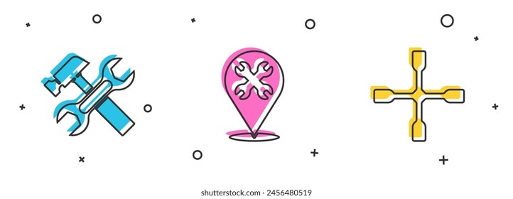 Set Hammer and wrench, Location with and Wheel icon. Vector