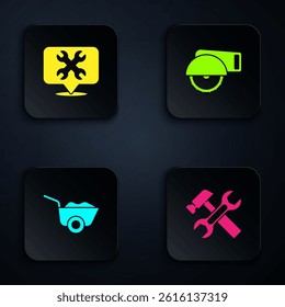 Set Hammer and wrench, Location with, Wheelbarrow and Electric circular saw. Black square button. Vector