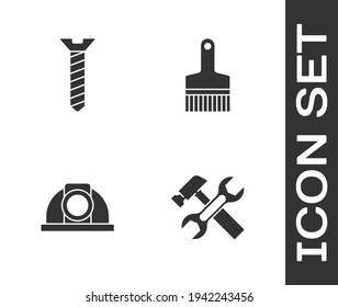 Set Hammer and wrench, Metallic screw, Worker safety helmet and Paint brush icon. Vector