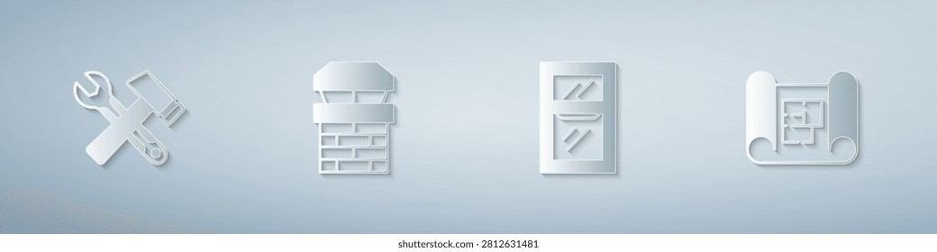 Set Hammer and wrench spanner, Chimney, Window in room and House plan. Paper art style. Vector