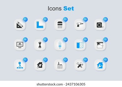Set Hammer and wrench spanner, Wrench, Corner ruler, Crane hook, House with, Paint bucket, Triangular pencil and Light bulb icon. Vector