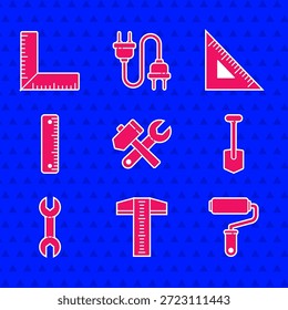 Set Hammer and wrench spanner, T-square line, Paint roller brush, Shovel, Wrench, Ruler, Triangular ruler and Corner icon. Vector