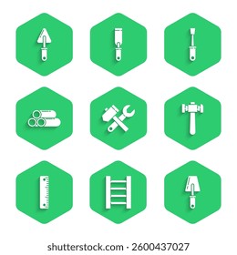 Set Hammer and wrench spanner, Wooden staircase, Trowel, Ruler, Industry metallic pipe, Screwdriver and  icon. Vector