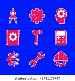 Set Hammer, Wrench spanner, Worker safety helmet and gear, Calculator, Algorithm, User manual, Human head with inside and Drawing compass icon. Vector