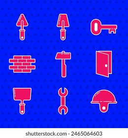 Set Hammer, Wrench spanner, Worker safety helmet, Closed door, Putty knife, Bricks, Old key and Trowel icon. Vector