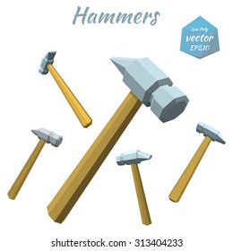 Set of hammers isolated on white background. Low poly style. Vector illustration.