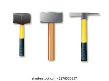 A set of hammers for the processing and extraction of mineral stone. Vector industrial workers tool. Equipment for repair, contract and locksmith work. Vector .