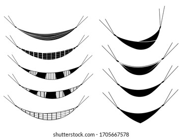 Set of hammocks. Different types of hammocks in outline and glyph style. Flat ilustration, isolated on white background. Vector