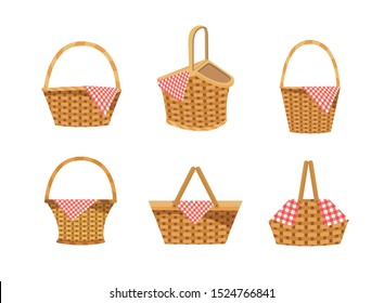 set of hamper with food and tablecloth decoration over white background vector illustration