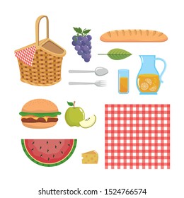 set of hamper with tablecloth and food snack over white background vector illustration