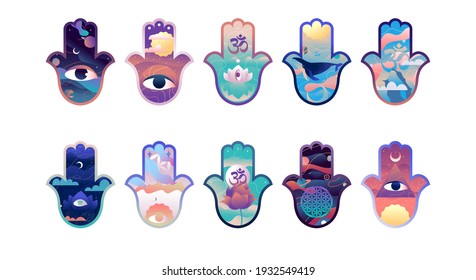 Set of Hamsa (Fatima). Vector illustrations. 