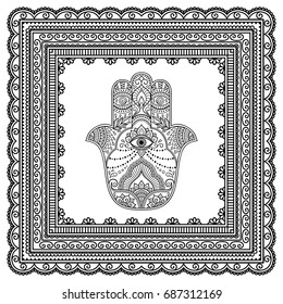 Set of Hamsa and frame for Henna drawing and tattoo. Decoration in oriental, Indian style.