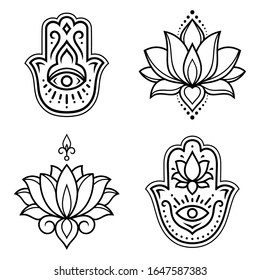 Set of Hamsa hand drawn symbol with lotus flower. Decorative pattern in oriental style for interior decoration and henna drawings. The ancient sign of "Hand of Fatima".