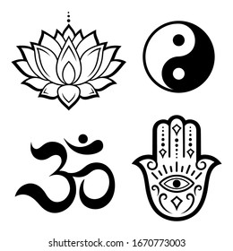 Set of Hamsa hand drawn symbol, lotus flower, Yin-Yang and OM sigils. Decorative pattern in oriental style for interior decoration and henna drawings. The ancient sign of "Hand of Fatima".