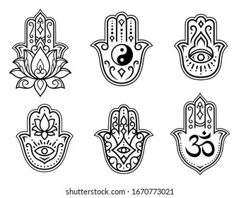 Set of Hamsa hand drawn symbol, lotus flower, Yin-Yang and OM sigils. Decorative pattern in oriental style for interior decoration and henna drawings. The ancient sign of "Hand of Fatima".