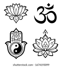 Set of Hamsa hand drawn symbol, lotus flower, Yin-Yang and OM sigils. Decorative pattern in oriental style for interior decoration and henna drawings. The ancient sign of "Hand of Fatima".