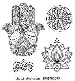 Set of Hamsa hand drawn symbol, lotus flower and mandala. Decorative pattern in oriental style for interior decoration and henna drawings. The ancient sign of "Hand of Fatima".