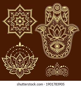 Set of Hamsa hand drawn symbol, lotus flower and mandala. Decorative pattern in oriental style for interior decoration and henna drawings. The ancient sign of "Hand of Fatima".