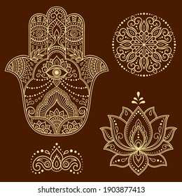 Set of Hamsa hand drawn symbol, lotus flower and mandala. Decorative pattern in oriental style for interior decoration and henna drawings. The ancient sign of "Hand of Fatima".