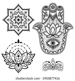 Set of Hamsa hand drawn symbol, lotus flower and mandala. Decorative pattern in oriental style for interior decoration and henna drawings. The ancient sign of "Hand of Fatima".