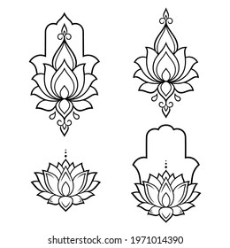 Set of Hamsa hand drawn symbol with lotus flower. Decorative pattern in oriental style for interior decoration and henna drawings. The ancient sign of "Hand of Fatima".