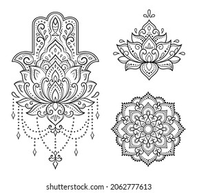 Set of Hamsa hand drawn symbol, lotus flower. Decorative pattern in oriental style for interior decoration and henna drawings. The ancient sign of "Hand of Fatima".