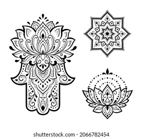 Set of Hamsa hand drawn symbol, lotus flower. Decorative pattern in oriental style for interior decoration and henna drawings. The ancient sign of "Hand of Fatima".