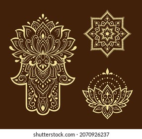 Set of Hamsa hand drawn symbol, lotus flower. Decorative pattern in oriental style for interior decoration and henna drawings. The ancient sign of "Hand of Fatima".