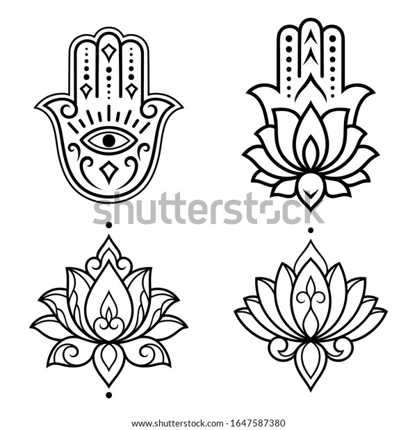 Set of Hamsa hand
drawn symbol with lotus flower. Decorative pattern in oriental
style for interior decoration and henna drawings. The ancient sign
of 