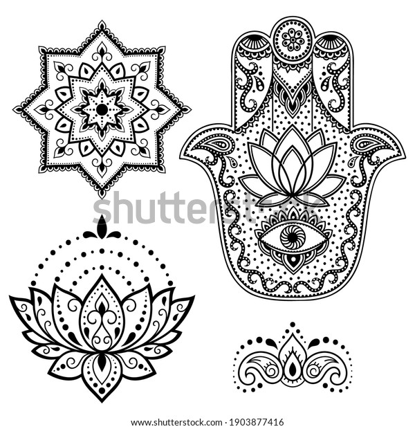 Set Hamsa Hand Drawn Symbol Lotus Stock Vector (Royalty Free) 1903877416
