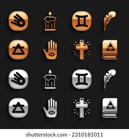 Set Hamsa hand, Feather pen, Ancient magic book, Christian cross, Air element, Gemini zodiac, Comet falling down fast and Burning candle icon. Vector